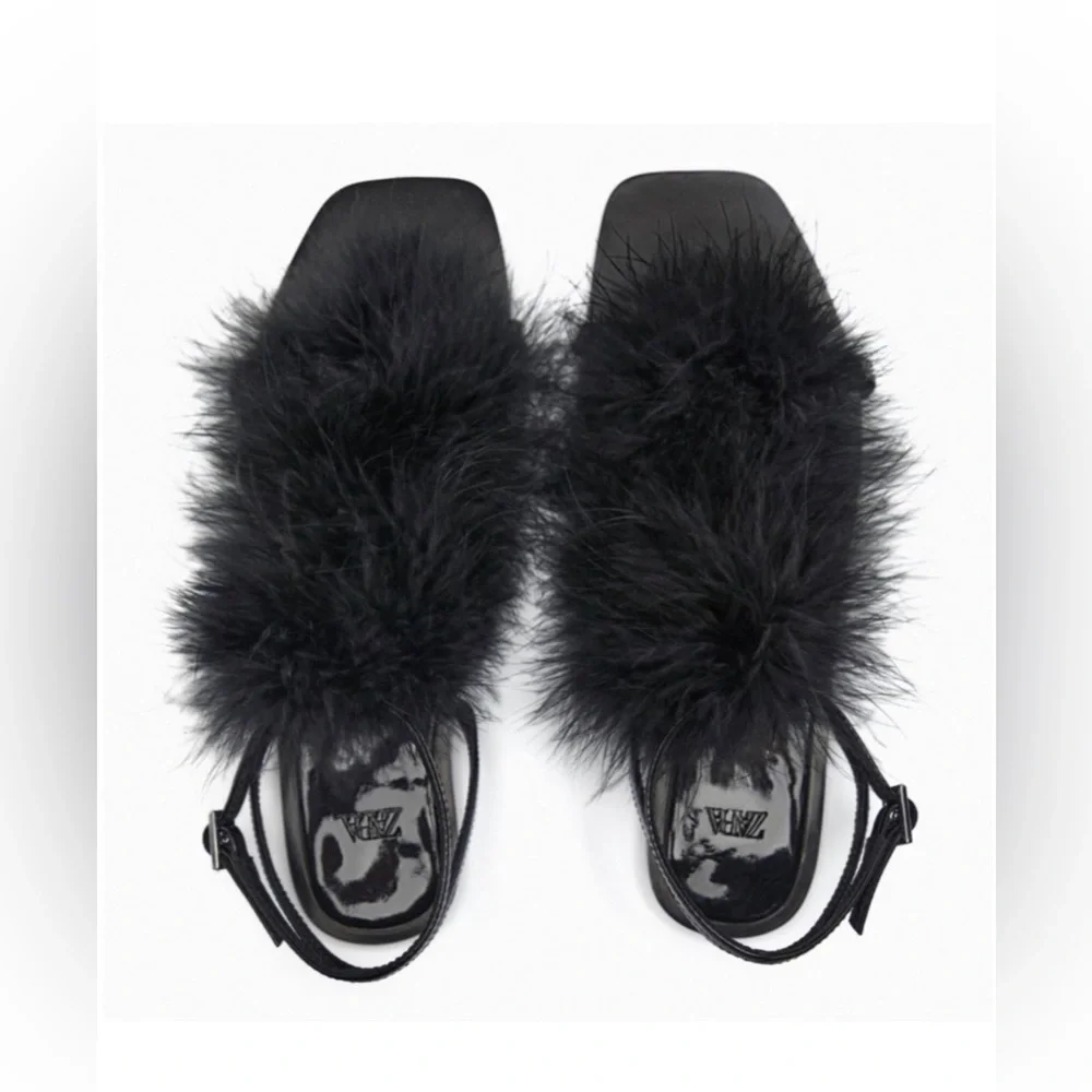 Zara Black Feather 🪶 Sandals - Sz 6 - NWT - Picture 4 of 10